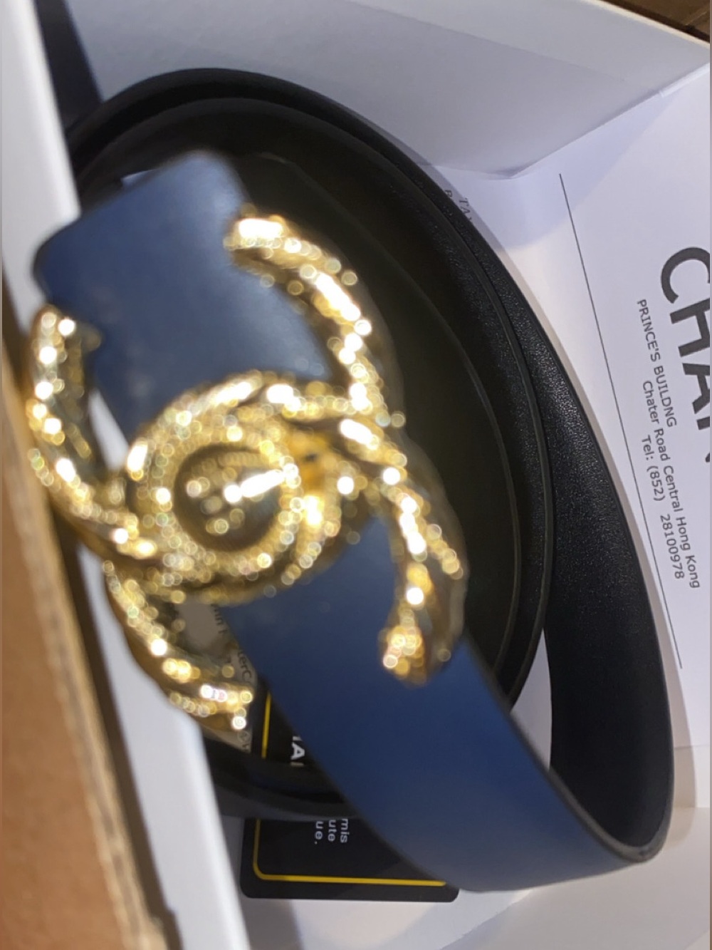 CHANEL Dark Blue Leather Belt with Gold Rope-Twist CC Buckle